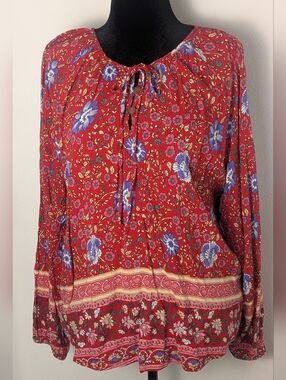 Novica Womens Red Mixed Floral Print Woven Top Blouse Bohemian Long Sleeve Sz L